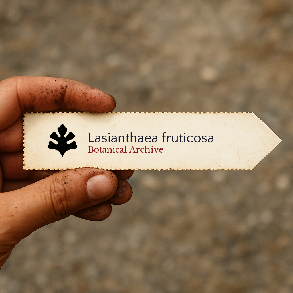 Printed plant label for Lasianthaea fruticosa held by a hand with soil dirt