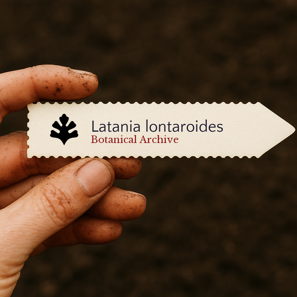 Printed plant label for Latania lontaroides held by hand with soil background