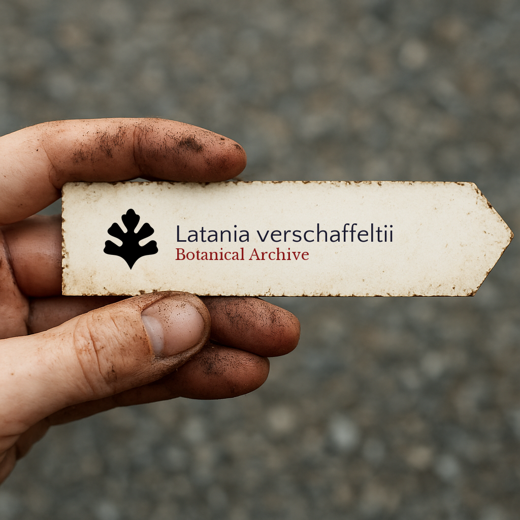 Printed plant label for Latania verschaffeltii held by dirty hand outdoors