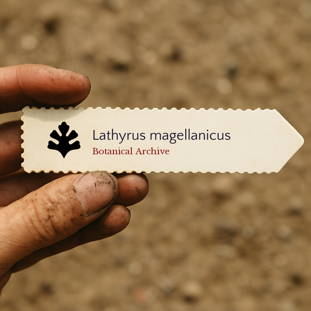 Printed plant label for Lathyrus magellanicus held by dirty hand over soil background