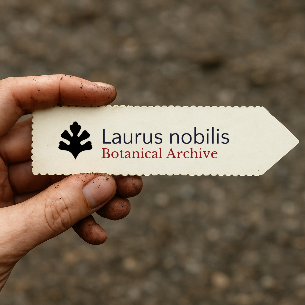Printed plant label for Laurus nobilis held by dirty hand against blurred background