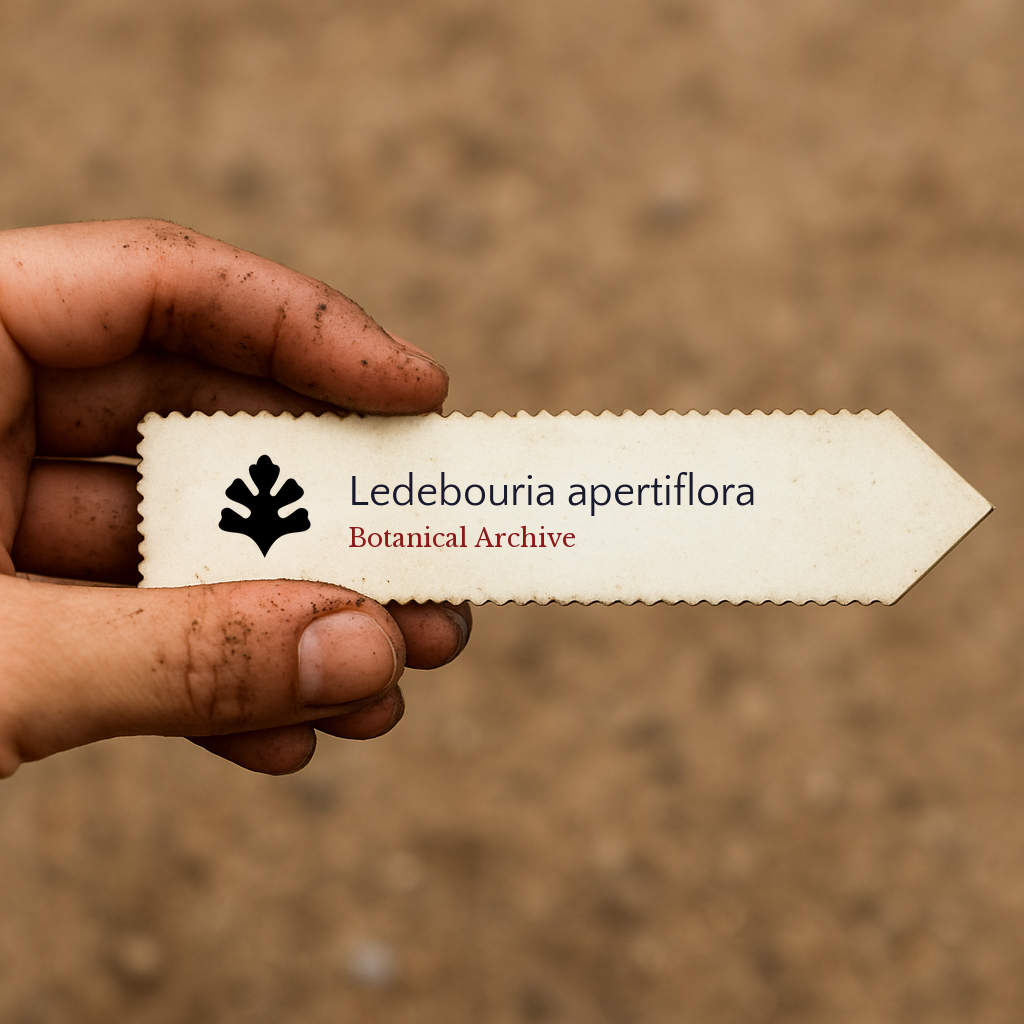 Printed plant label for Ledebouria apertiflora held by dirty hand outdoors