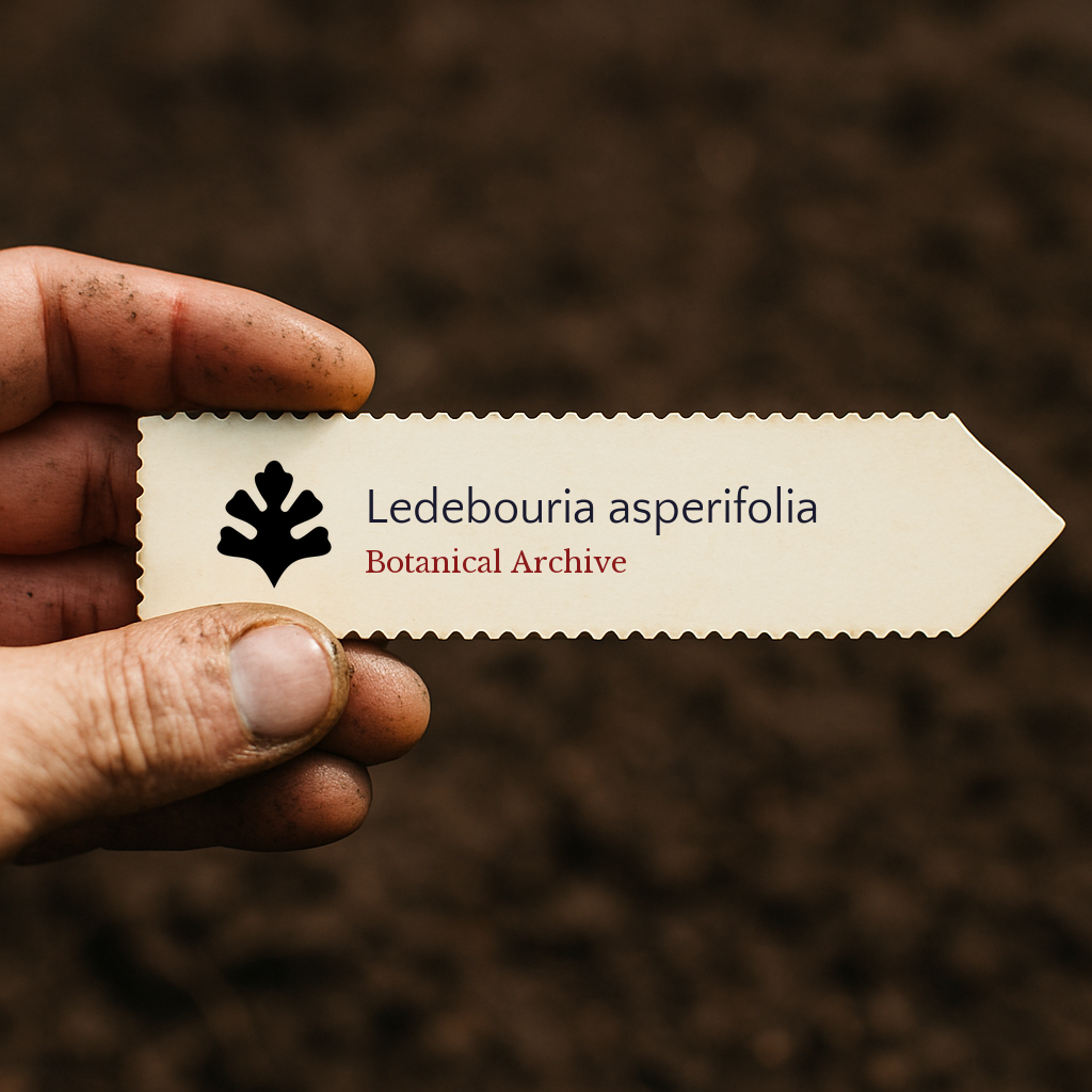 Etichetta per piante stampata per Ledebouria asperifolia con il logo di Botanical Archive tenuta in mano