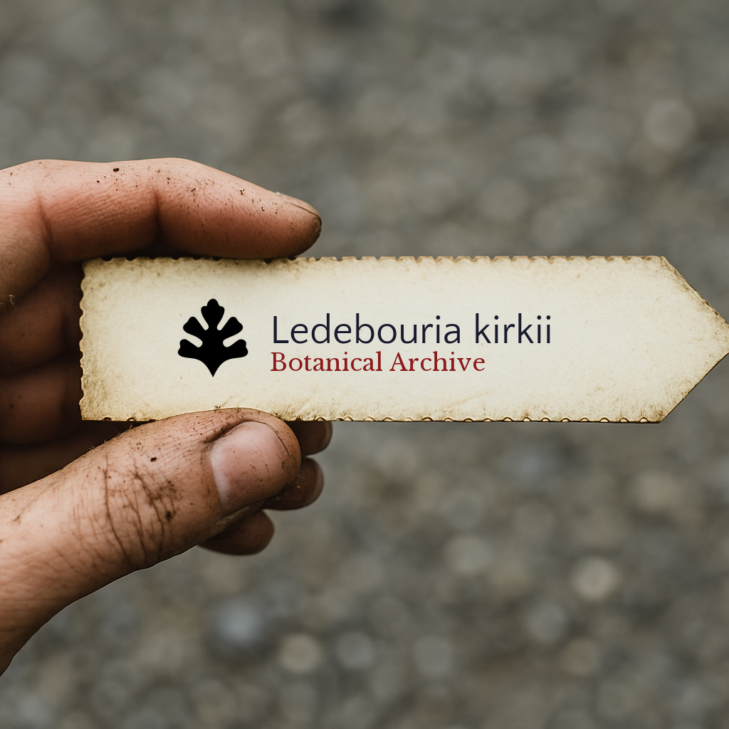 Printed plant label for Ledebouria kirkii held by hand with dirt background
