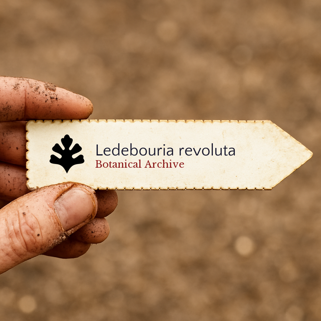 Etichetta per piante stampata per Ledebouria revoluta tenuta da una mano sporca all'aperto
