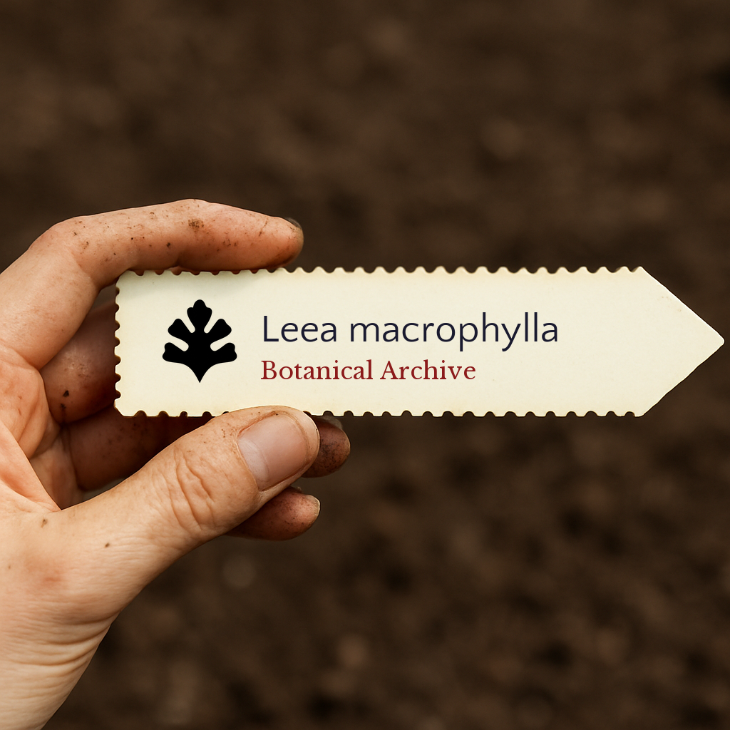 Printed plant label for Leea macrophylla held by hand over soil background