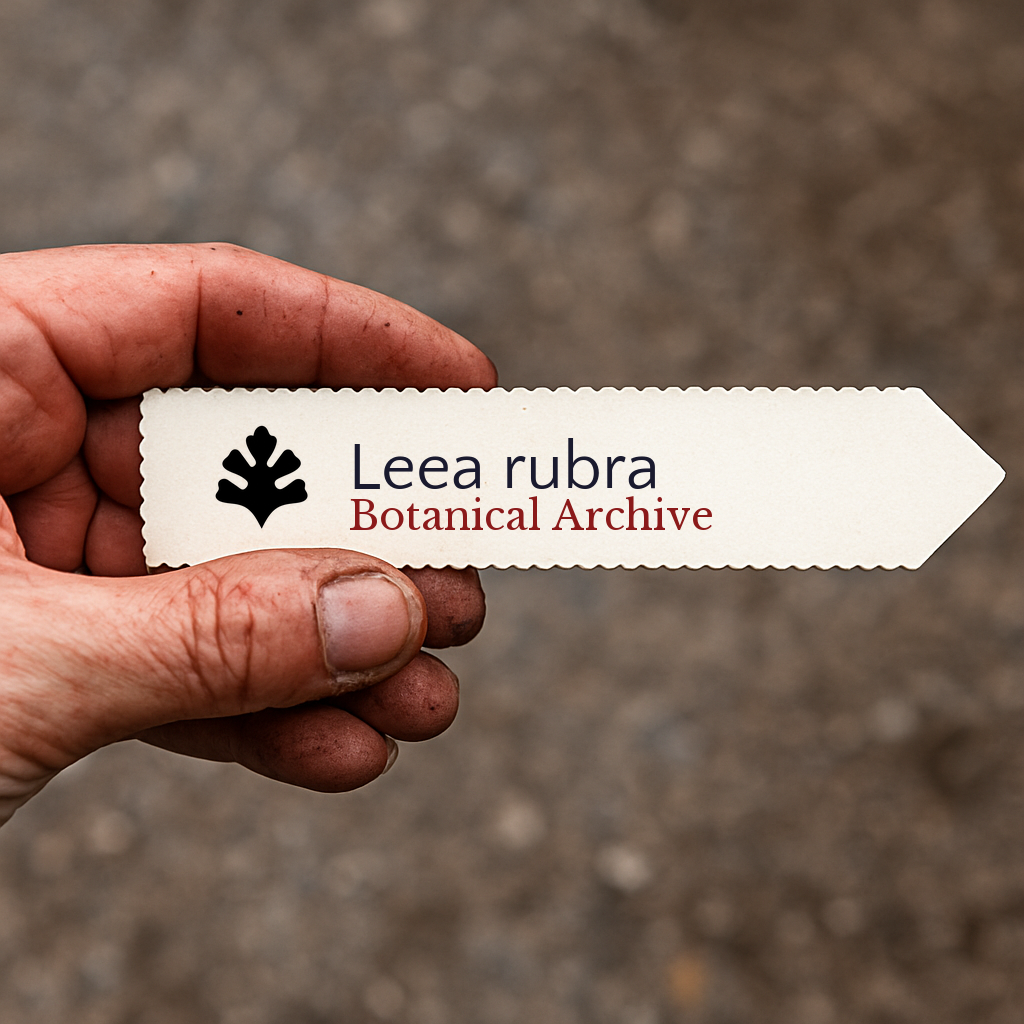 Etichetta della pianta stampata per Leea rubra tenuta in mano con sfondo di terra