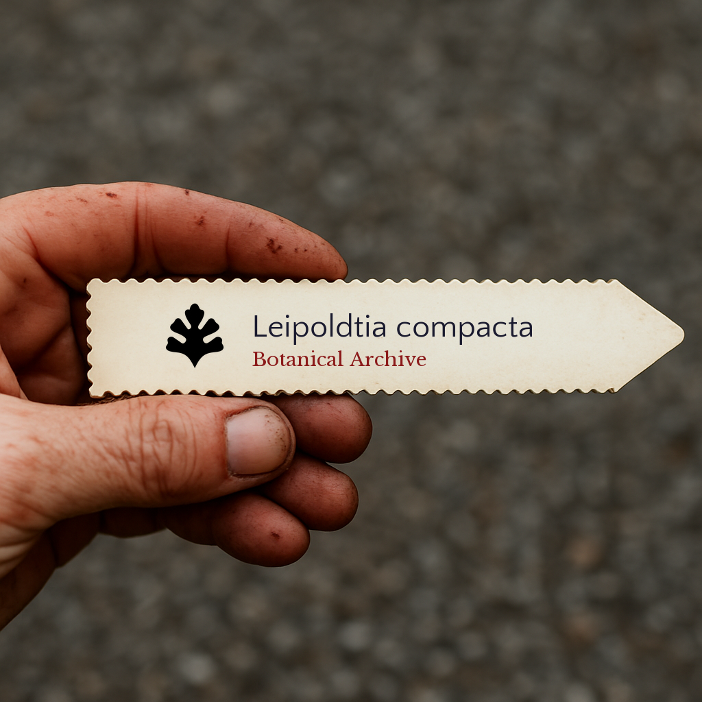Printed plant label for Leipoldtia compacta held by hand with dirt background