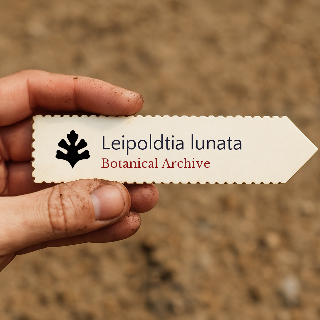 Printed plant label for Leipoldtia lunata held by hand with soil background