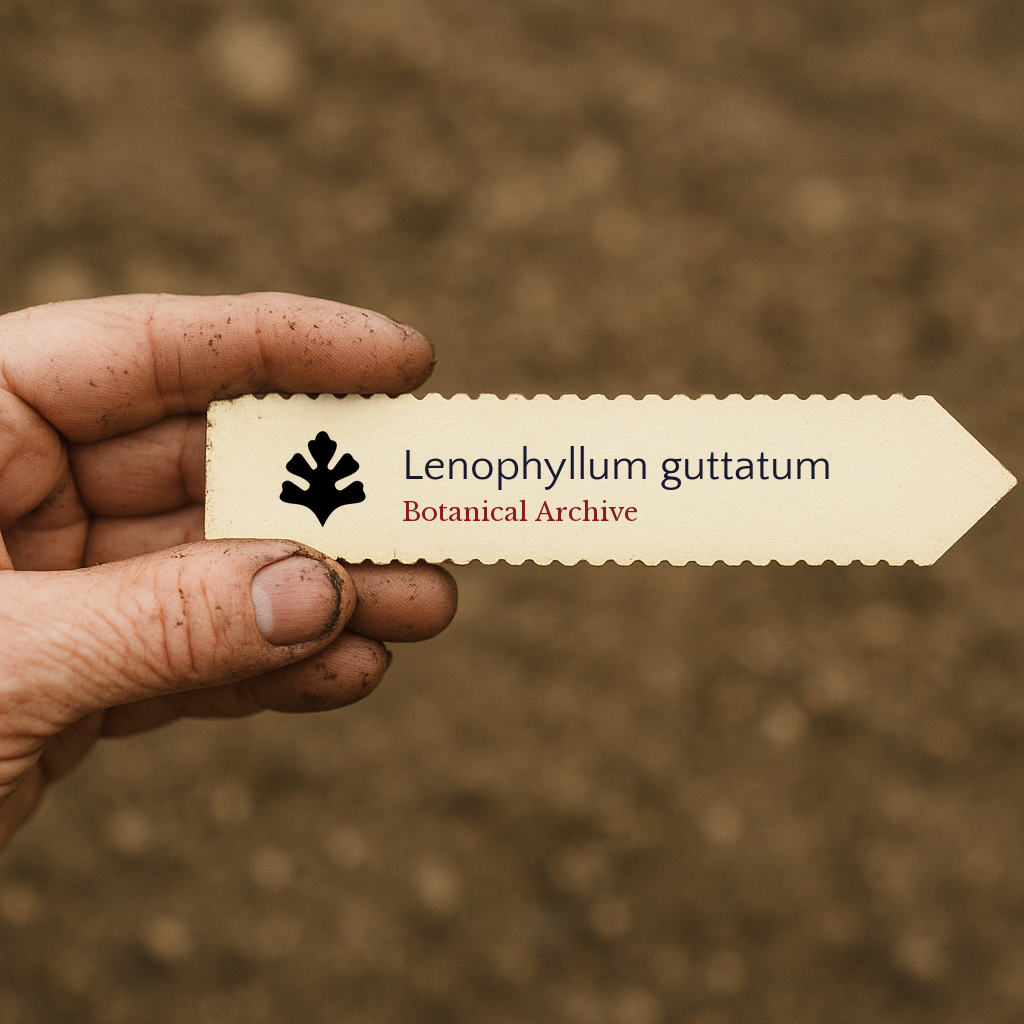 Etichetta per pianta stampata per Lenophyllum guttatum tenuta a mano con sfondo di terriccio