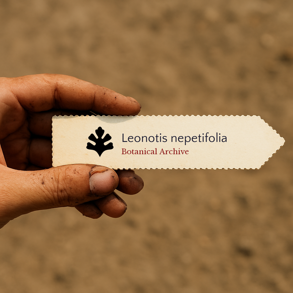 Etichetta stampata per pianta di Leonotis nepetifolia tenuta da mano sporca all'aperto