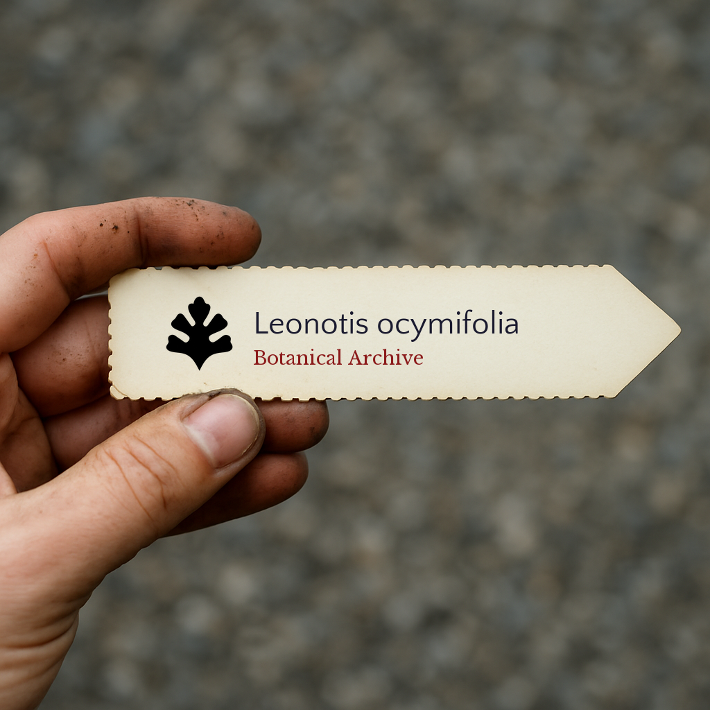 Etichetta per pianta stampata per Leonotis ocymifolia con logo Botanical Archive tenuta a mano