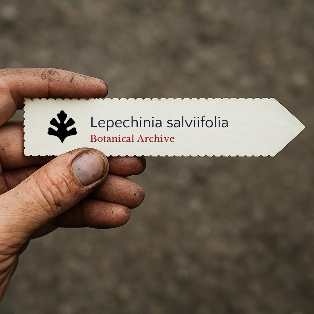 Printed plant label for Lepechinia salviifolia held by dirty hand outdoors