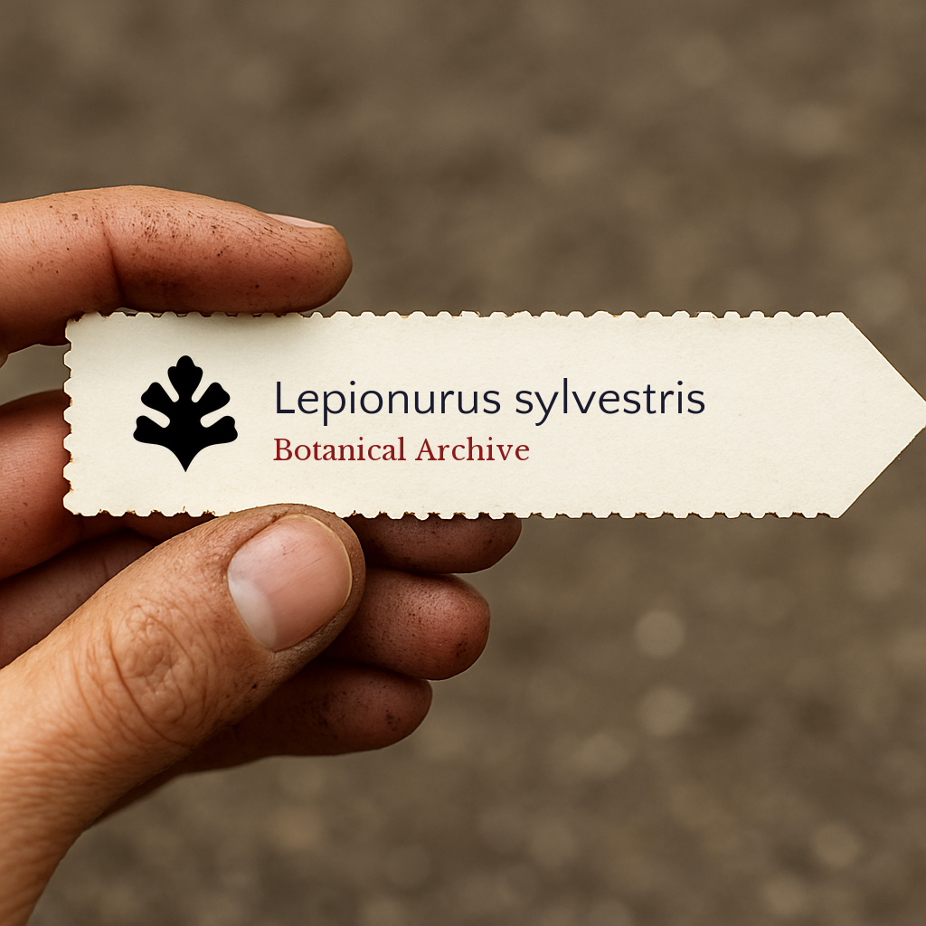 Printed plant label for Lepionurus sylvestris with botanical archive logo held by hand