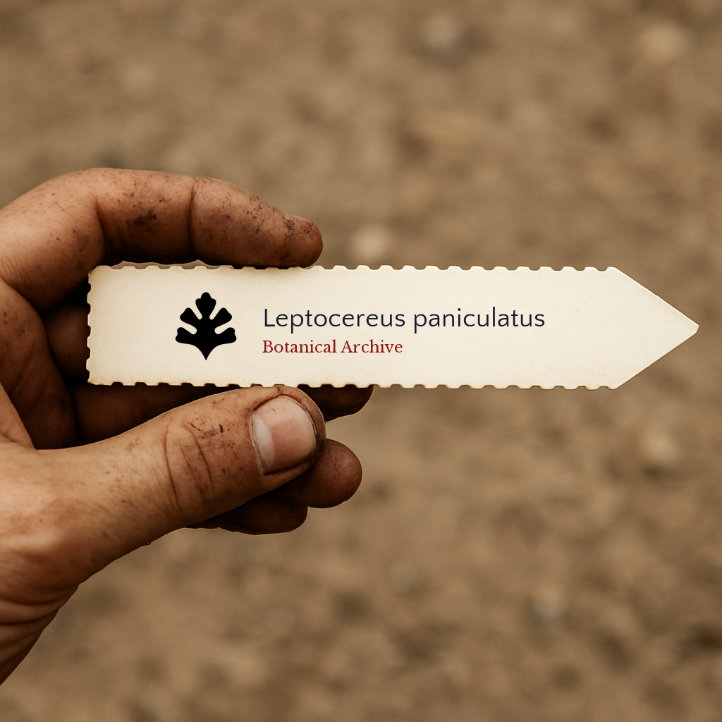 Printed plant label for Leptocereus paniculatus held by dirty hand outdoors