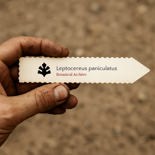 Printed plant label for Leptocereus paniculatus held by dirty hand outdoors