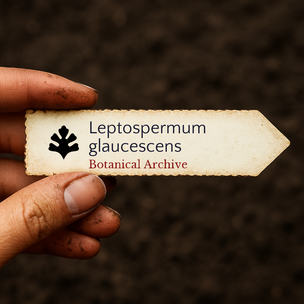 Printed plant label for Leptospermum glaucescens held by dirty hand over soil background
