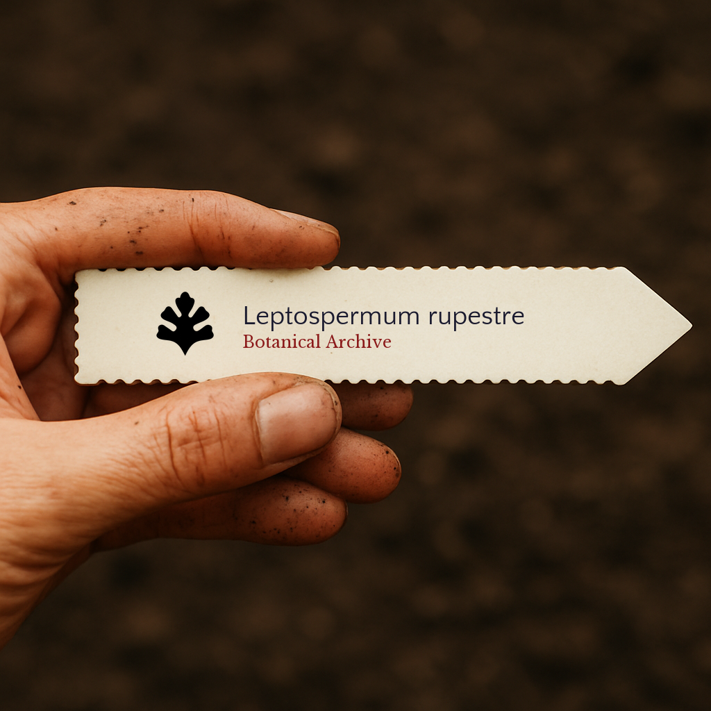Printed plant label for Leptospermum rupestre held by hand with soil background