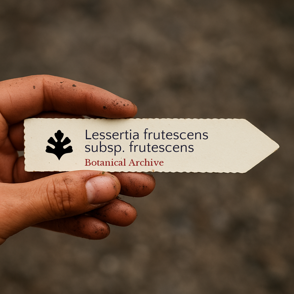 Etichetta per pianta stampata per Lessertia frutescens subsp. frutescens tenuta da mano sporca all'aperto