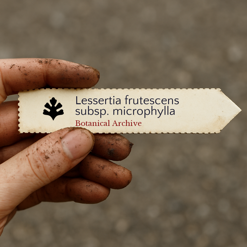Printed plant label for Lessertia frutescens subsp. microphylla held by dirty hand outdoors
