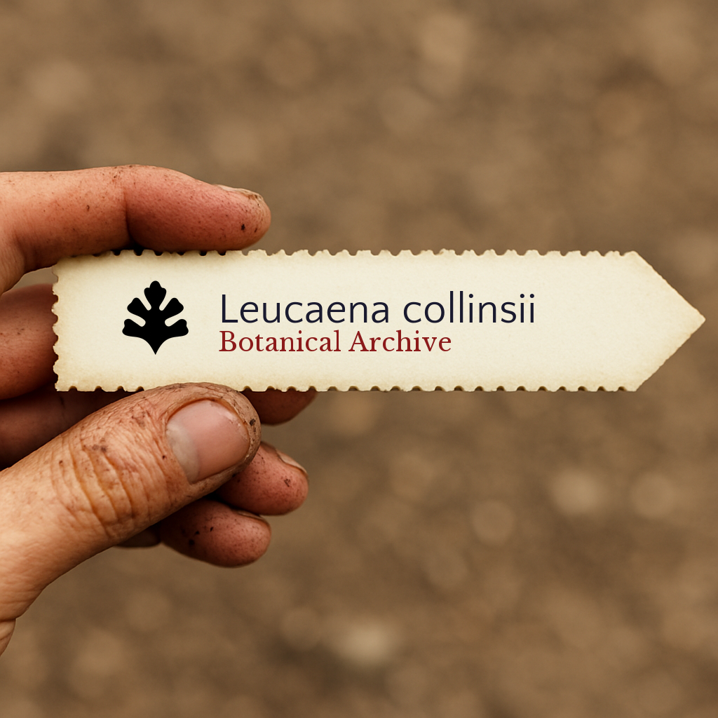 Printed plant label for Leucaena collinsii held by dirty hand against soil background