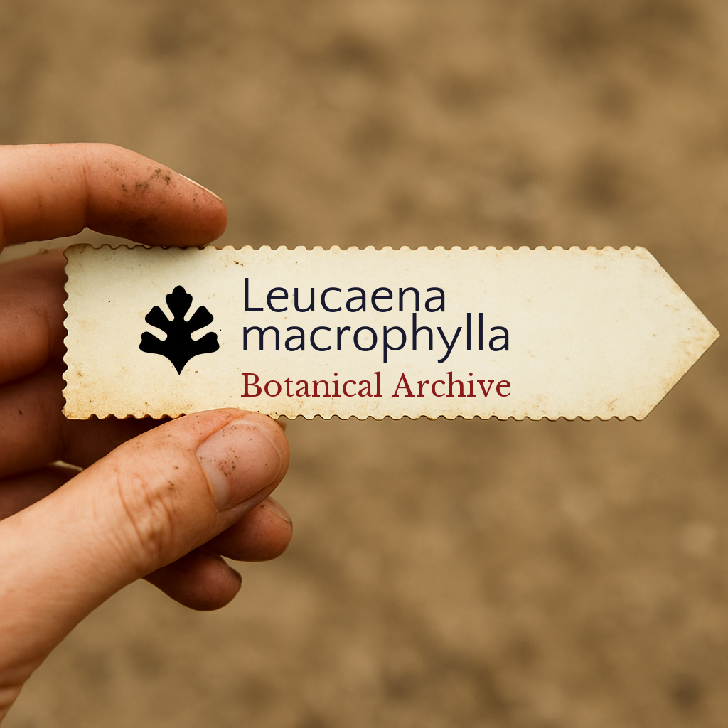 Printed plant label for Leucaena macrophylla held by hand with dirt background