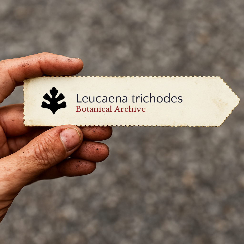 Printed plant label for Leucaena trichodes with botanical archive logo held by hand