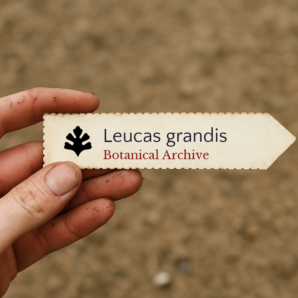 Printed plant label for Leucas grandis held by hand with soil background