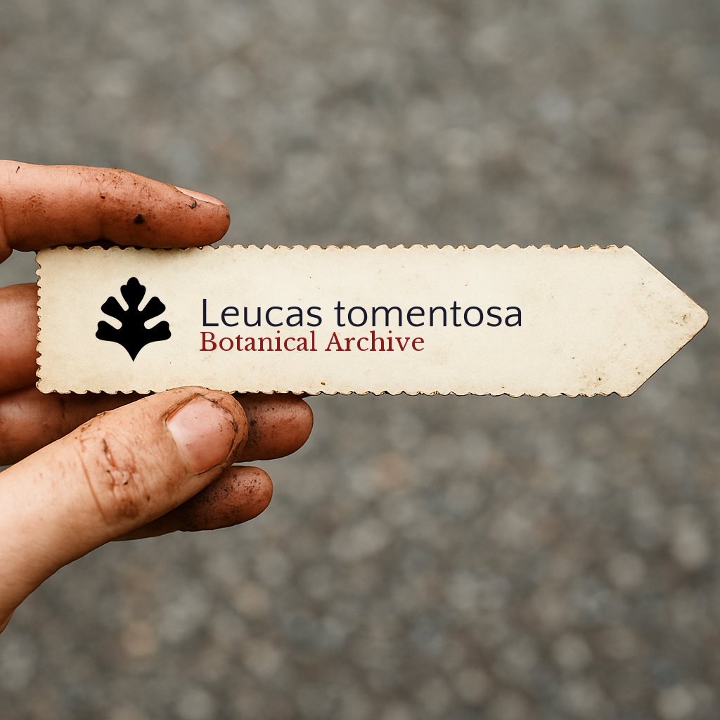 Printed plant label for Leucas tomentosa held by dirty hand with blurred background