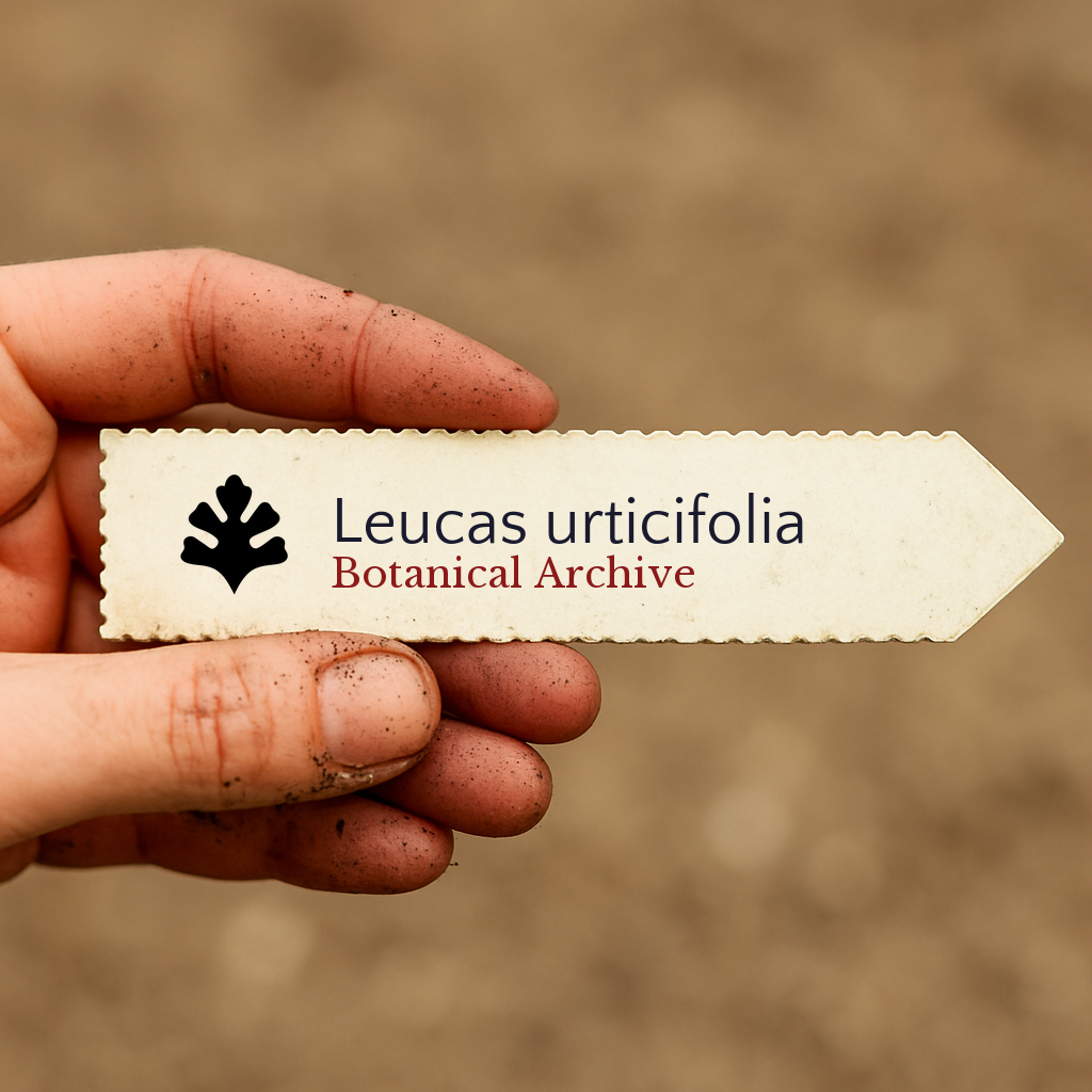 Printed plant label for Leucas urticifolia held in dirty hand with blurred soil background