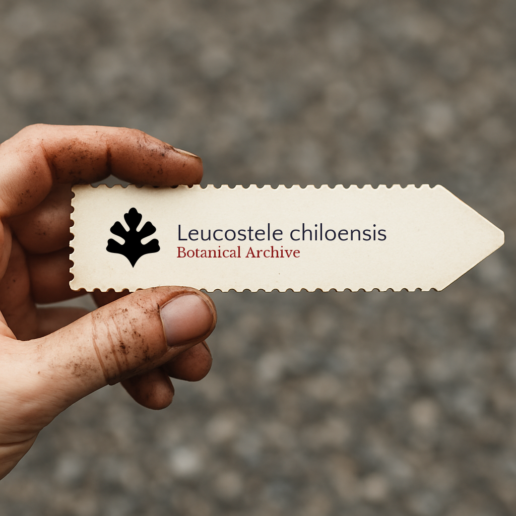 Etichetta per piante stampata per Leucostele chiloensis con logo Botanical Archive tenuta a mano