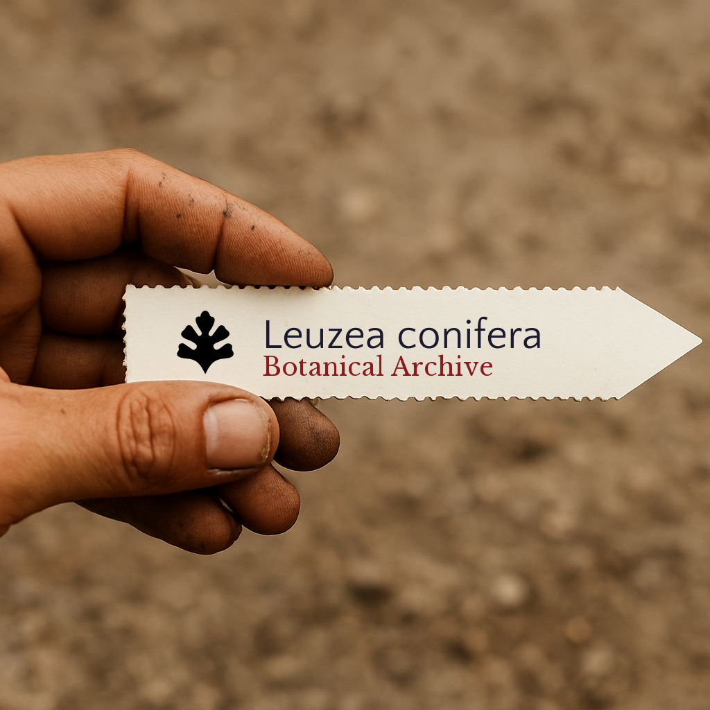 Etichetta vegetale stampata per Leuzea conifera con il logo di Botanical Archive tenuta a mano