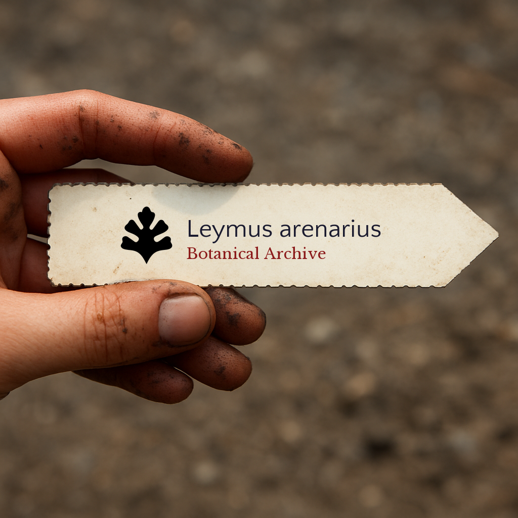 Printed plant label for Leymus arenarius held by dirty hand over soil background