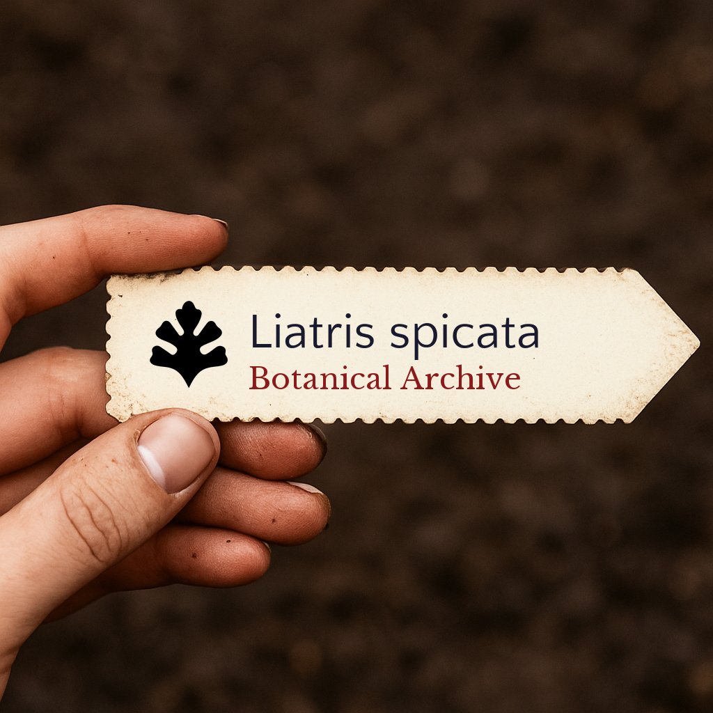 Printed botanical archive tag for Liatris spicata held against soil background