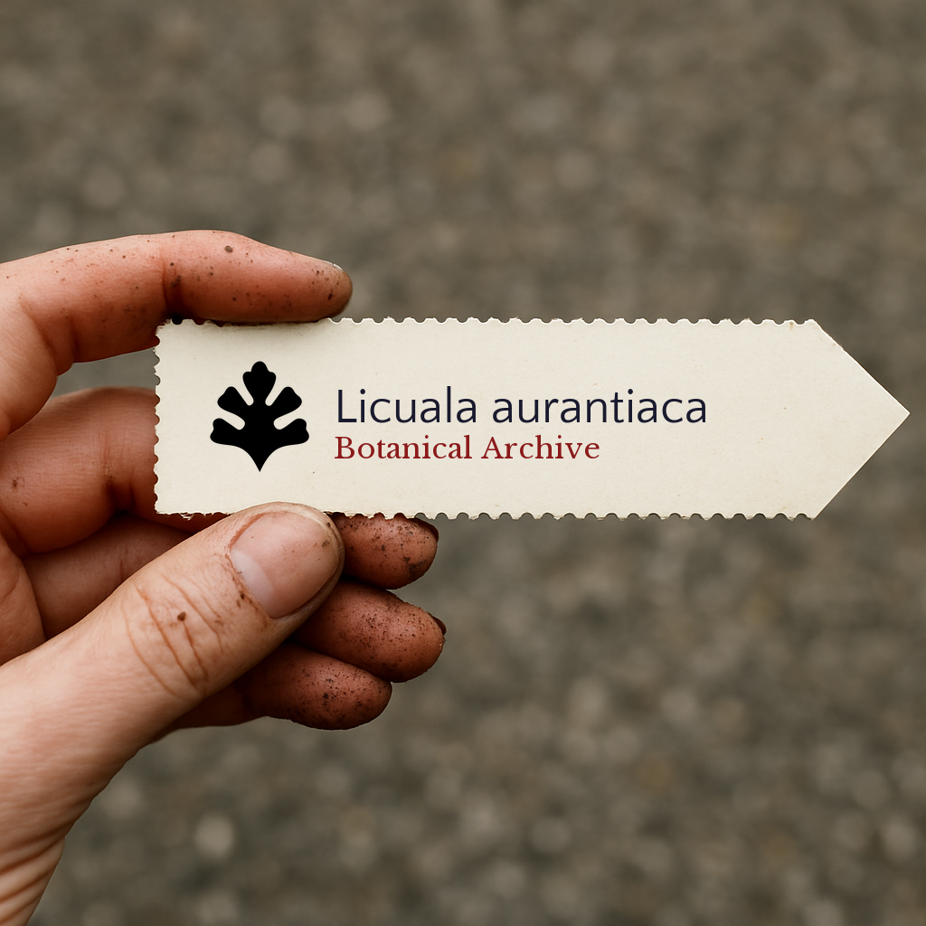Printed plant label for Licuala aurantiaca with botanical archive logo held by hand