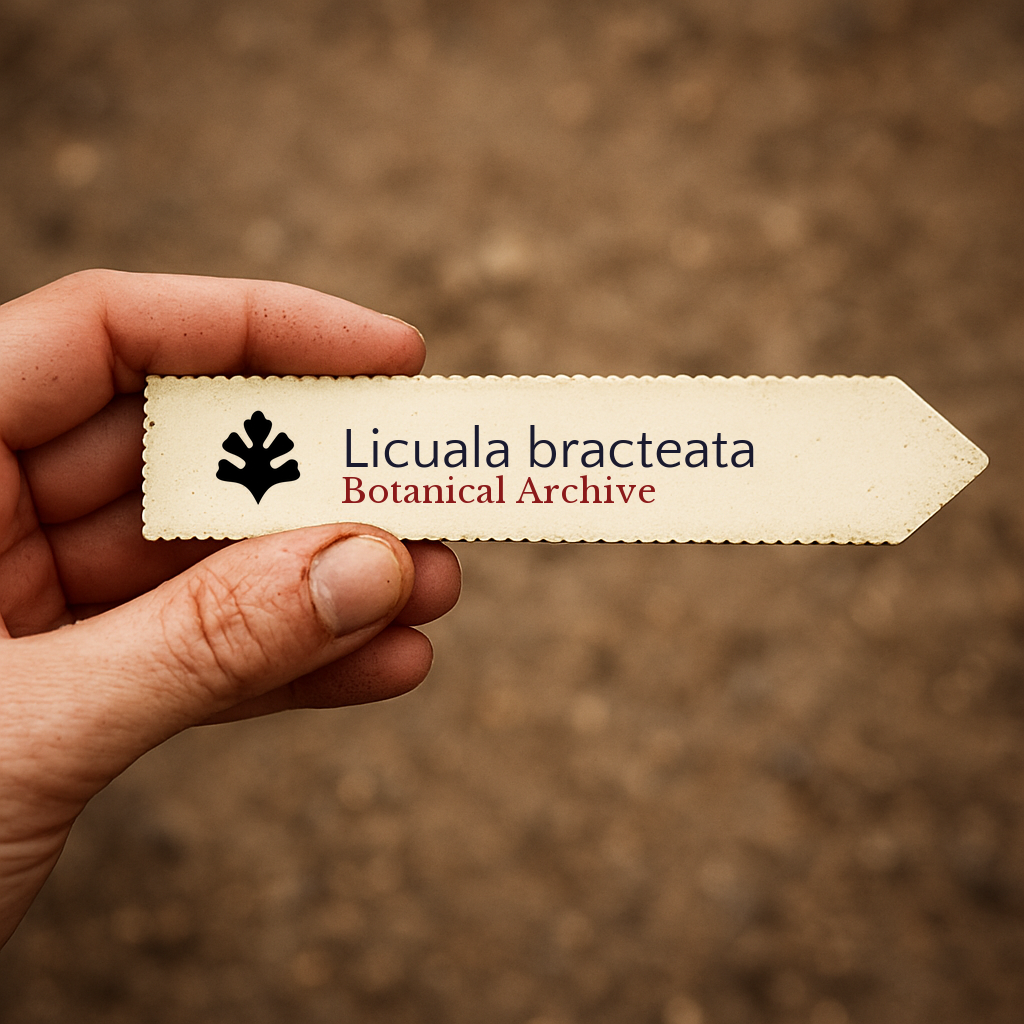 Etichetta piantina stampata per Licuala bracteata con logo Botanical Archive tenuta a mano