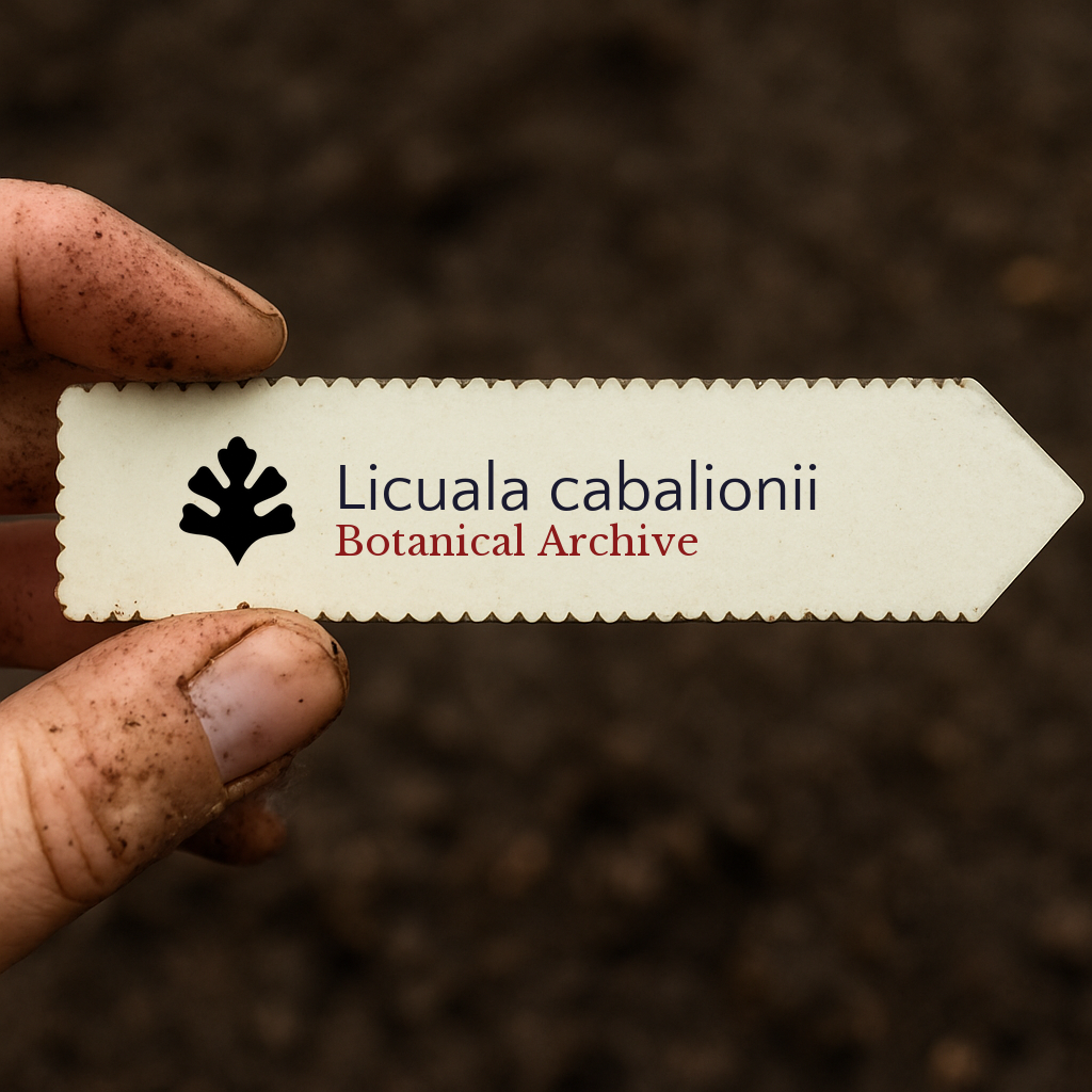 Printed plant label for Licuala cabalionii with black leaf logo held over soil background