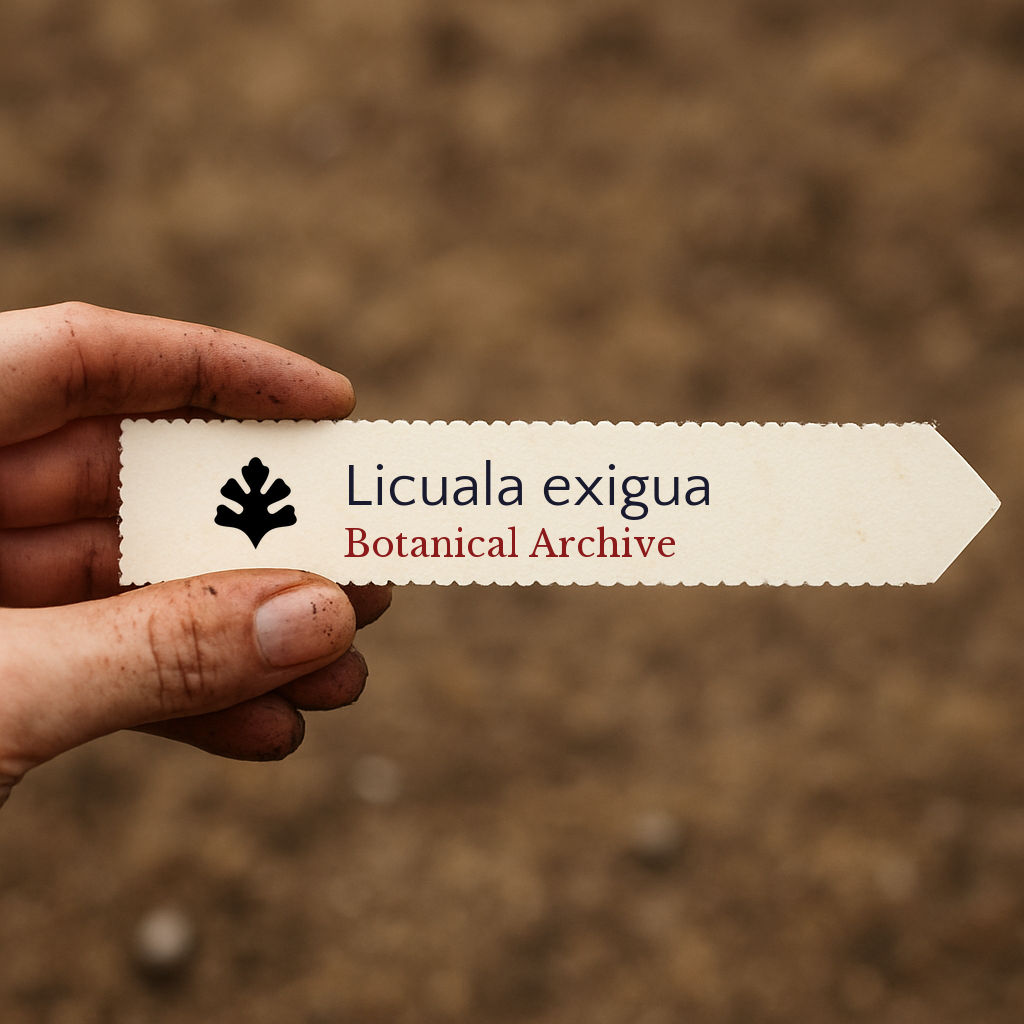 Etichetta per pianta stampata per Licuala exigua tenuta a mano con sfondo di terra