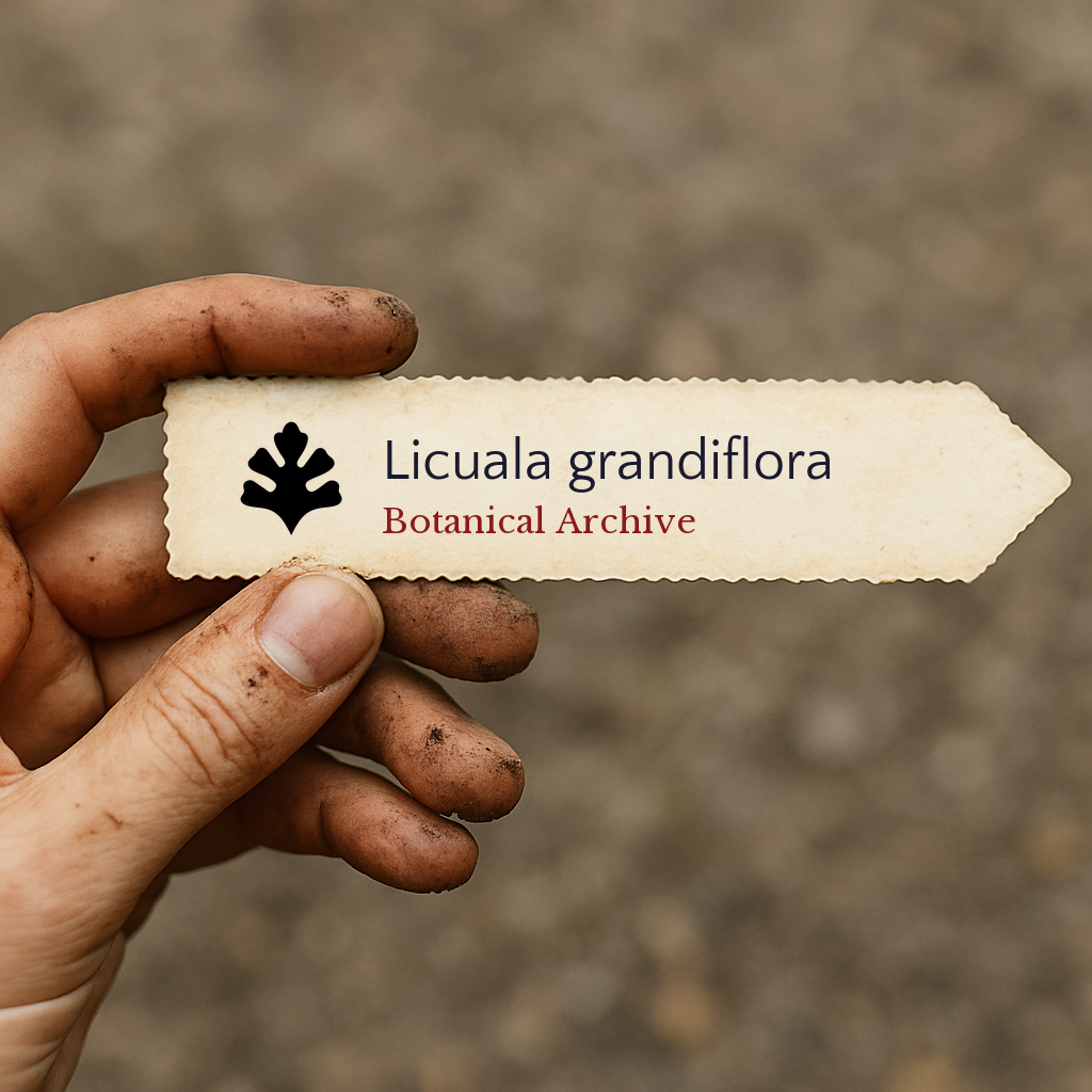 Etichetta per pianta stampata per Licuala grandiflora tenuta da una mano sporca all'aperto