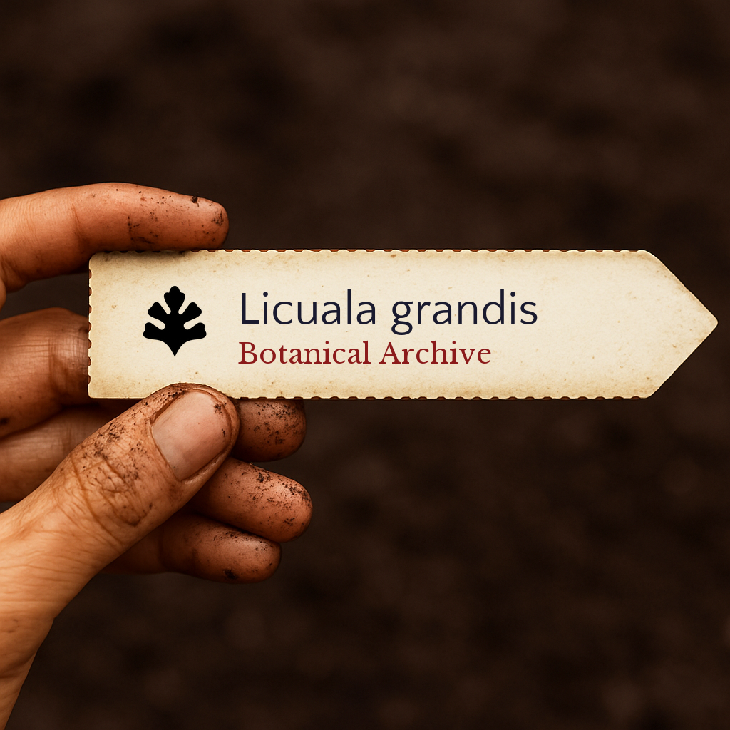 Printed plant label for Licuala grandis held by dirty hand over soil background