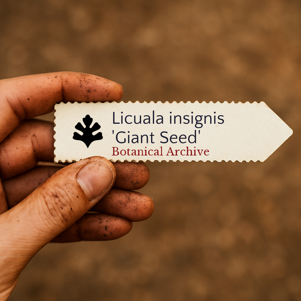Etichetta per pianta stampata per Licuala insignis 'Giant Seed' tenuta da una mano sporca all'aperto
