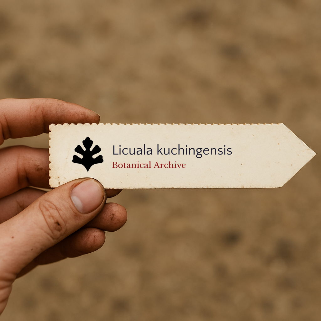 Printed plant label for Licuala kuchingensis with botanical archive logo held by hand