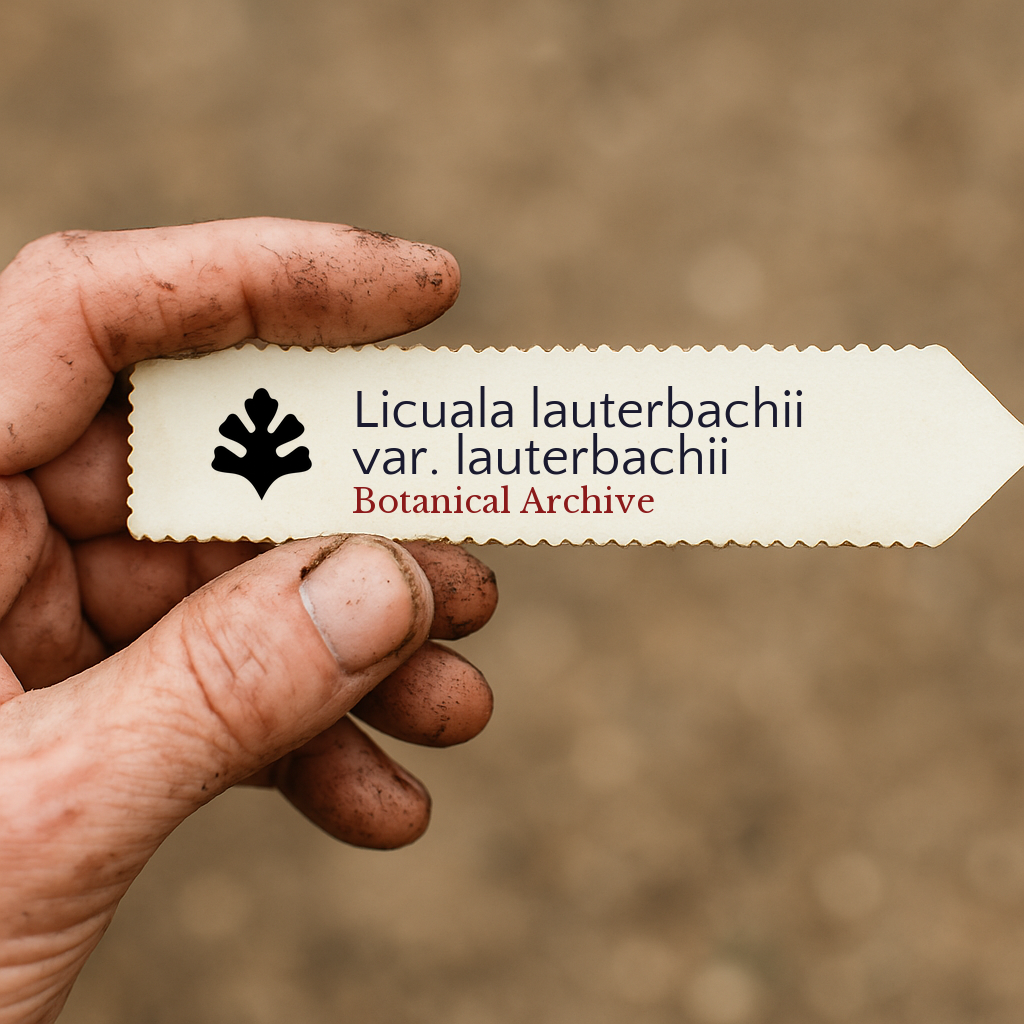 Etichetta stampata per pianta di Licuala lauterbachii var. lauterbachii tenuta da mano sporca all'aperto