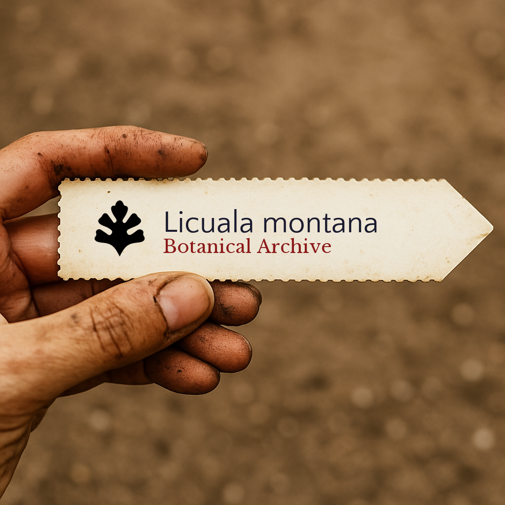 Etichetta vegetale stampata per Licuala montana tenuta da una mano sporca con sfondo di terreno sfocato