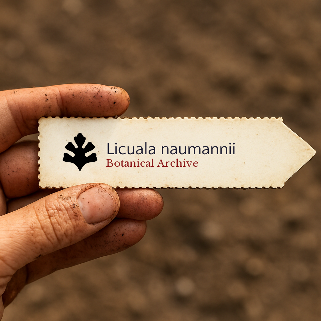 Etichetta per pianta stampata per Licuala naumannii tenuta da una mano sporca con sfondo di terra