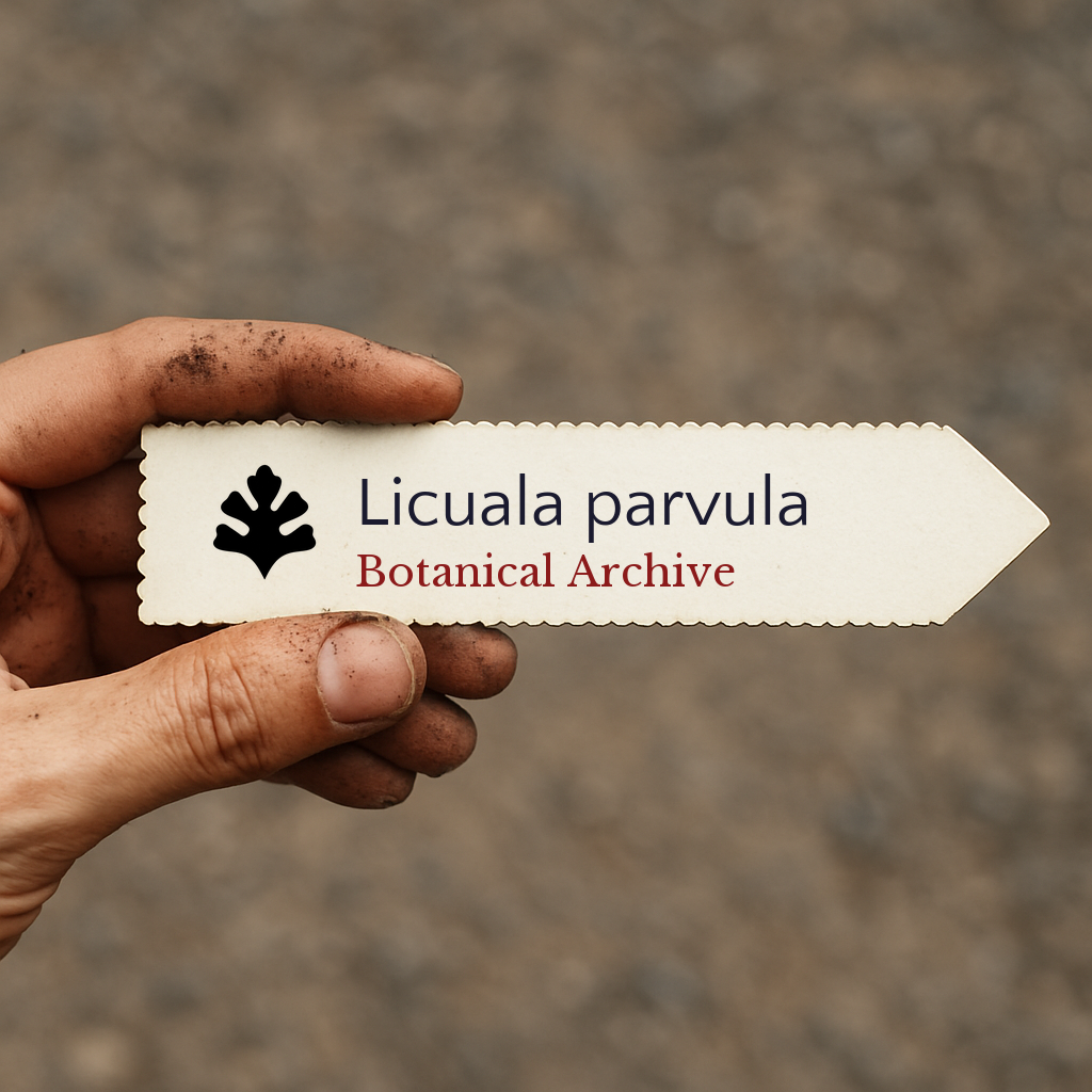 Printed plant label for Licuala parvula held by hand with soil-stained fingers