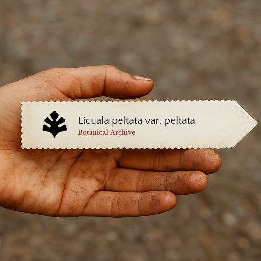 Etichetta stampata per la pianta Licuala peltata var. peltata tenuta in una mano sporca all'aperto
