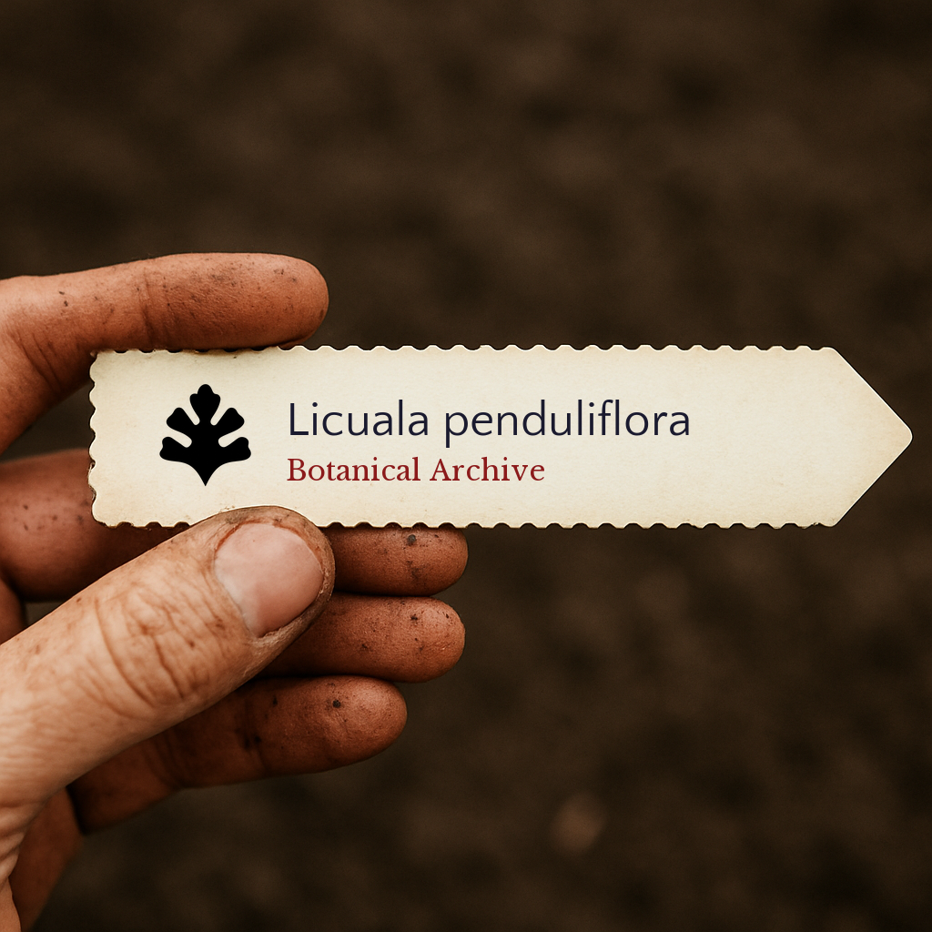 Etichetta per pianta stampata per Licuala penduliflora tenuta da una mano sporca contro uno sfondo di terreno