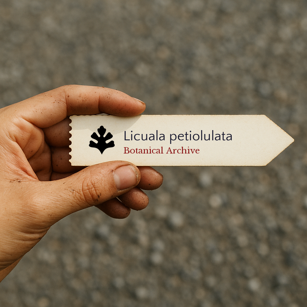 Printed plant label for Licuala petiolulata held in hand with dirt background