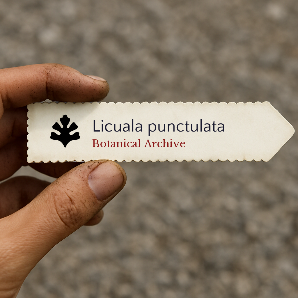 Printed plant label for Licuala punctulata with botanical archive logo held by hand